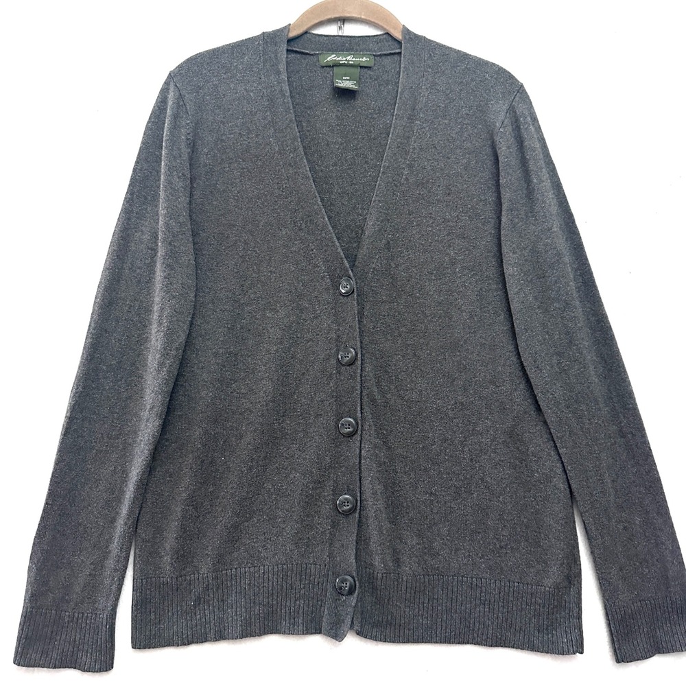 Vtg Eddie Bauer Womens M Gray Cotton Cashmere Button Front Cardigan Sweater
